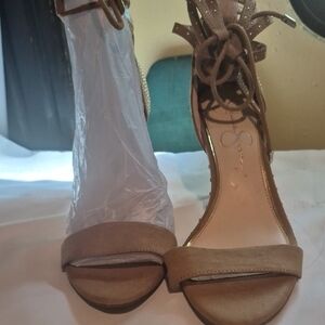 Tan Ankle Strap Heels with Lace-Up Detail